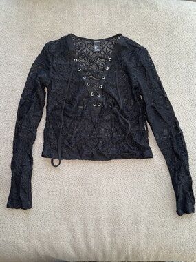 Forever 21 Black Lace-Up Sheer Lace Long Sleeve Top